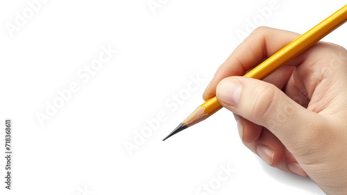 Close up picture of a hand holding a pencil isolated on white background