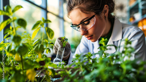 Young Female Biotechnologist in a Greenhouse, Engaged in Plant Research and Agricultural Science photo