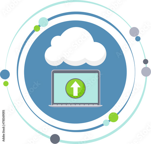 Laptop computer uploading data to the cloud graphic icon symbol