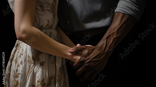  a close up of a person holding the hand of a person wearing a dress and holding the hand of another person.