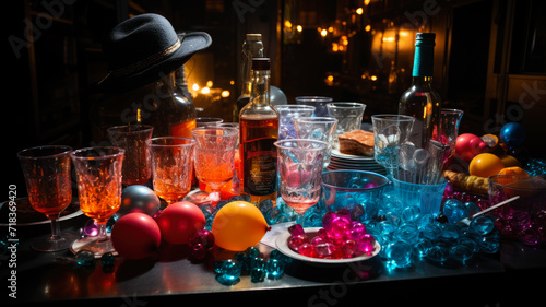 Elegant Party Table with Vintage Glassware and Colorful Decor - Twilight Soirée Collection for Sophisticated Urban Celebrations, Featuring Whiskey, Festive Beads, and Bokeh Lights - Ai Generated