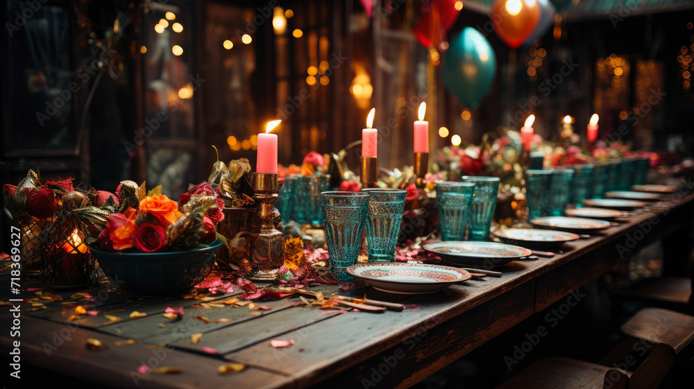 Enchanté Evenings: Luxurious Outdoor Dining Table Set for Festive Celebrations, with Sparkling Decorations, Candles, and Urban Sophistication - Ai Generated