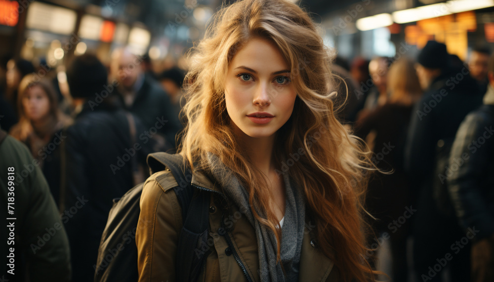 Young woman walking in the city, smiling confidently generated by AI Young woman walking in the city, smiling confidently generated by AI