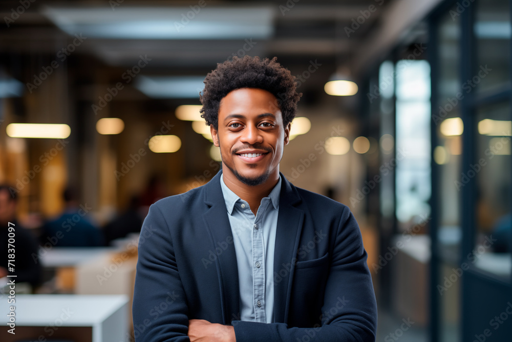 Portrait of an attractive african american man in a suit in the office. office background. Generative Ai. Portrait of an attractive african american man in a suit in the office. office background. Generative Ai.