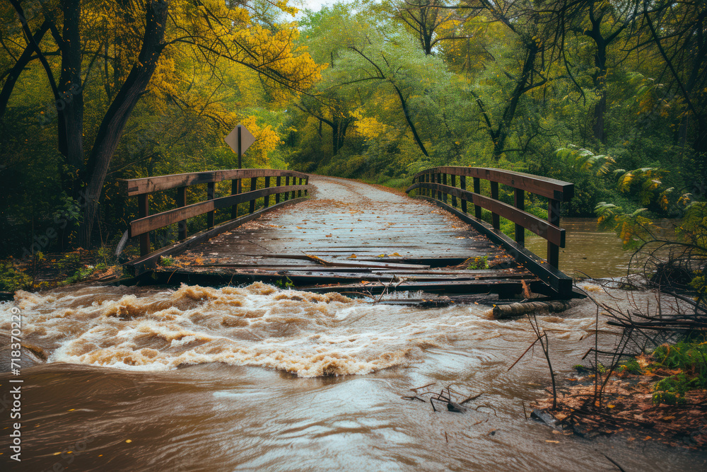 Obraz premium Flooding river creek destroyed a bridge after heavy rain flood water shows the forces of nature and the need for insurance against dangerous weather, windstorms, cyclones, tornados and hurricanes