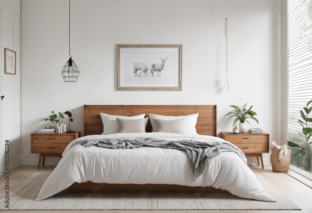 Minimalist Bedroom with Scandinavian-Bohemian Decor and Mockup Frame Minimalist Bedroom with Scandinavian-Bohemian Decor and Mockup Frame