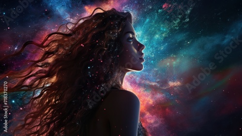  a beautiful young woman with long hair standing in front of a colorful space filled with stars and a star cluster.