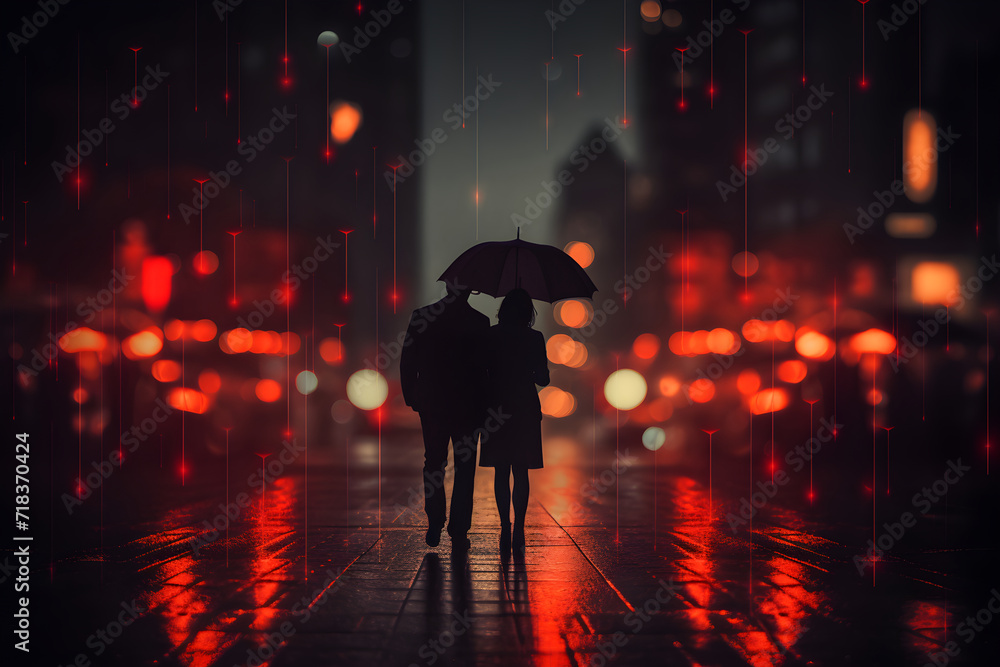 Fototapeta premium Silhouette of walking couple under umbrella in the night. Love in the rain, romantic scene. Man and woman walking through a night city. Valentine's day concept