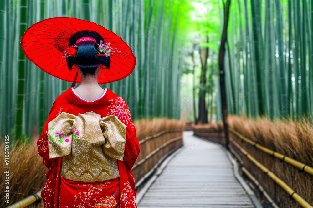 geisha walking through a bamboo fores