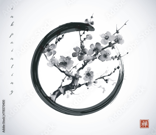 Ink painting of monochrome sakura branch in black enso zen circle. Traditional Japanese ink wash painting sumi-e. Translation of hieroglyph - zen