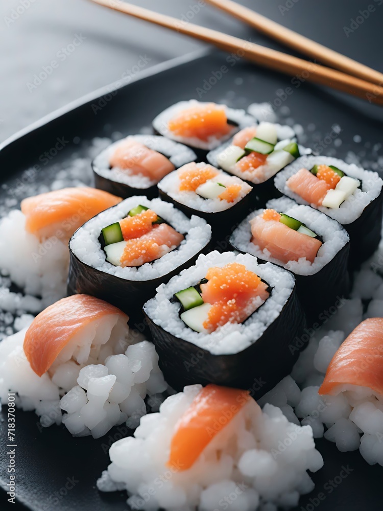Delicious sushi rolls. Japanese seafood. Sushi servings, preparation, display. Delicious sushi rolls. Japanese seafood. Sushi servings, preparation, display.