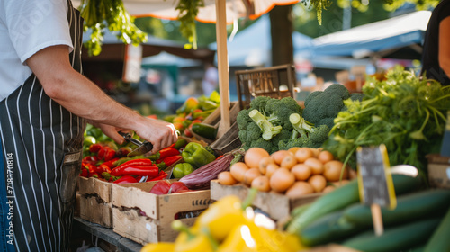 A chef selecting fresh produce at a farmers' market for a farm-to-table experience
