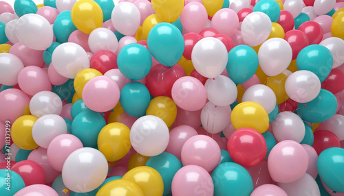 Colorful balloons fill empty wall in abstract party background.