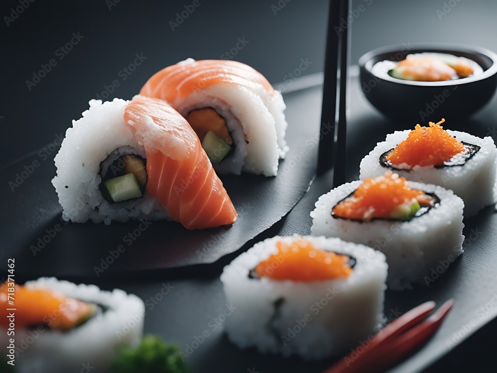 Delicious sushi rolls. Japanese seafood. Sushi servings, preparation, display.