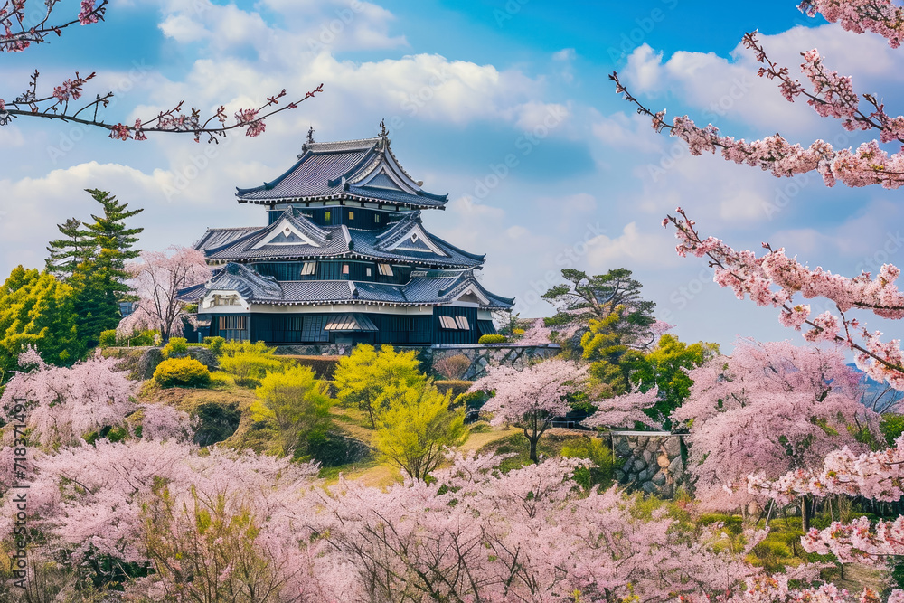 Japanese castle on a hill with cherry blossoms in the foreground Japanese castle on a hill with cherry blossoms in the foreground
