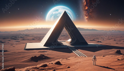 A Portal to Distant Galaxies and Fantasy Worlds. Vintage Futuristic Landscape from 1980s, Gateway to Unknown Universe. 3D Render of Pyramids with Beams of Light.