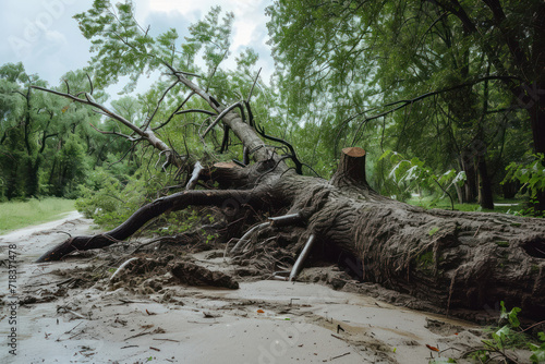 Concept of natural disasters. Fallen tree with roots after hurricane 