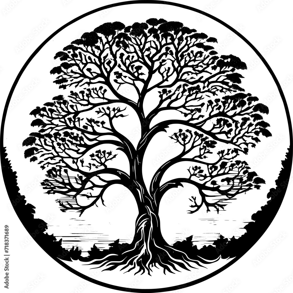 Circular silhouette of a majestic tree vector art style roots gripping tightly into the earth
Circular silhouette of a majestic tree vector art style roots gripping tightly into the earth