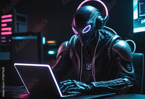 Gray humanoid alien gamer playing online computer video game. Neon lights. Alien extraterrestrial gamer playing video game on laptop. Monster hacker attack phishing government data.