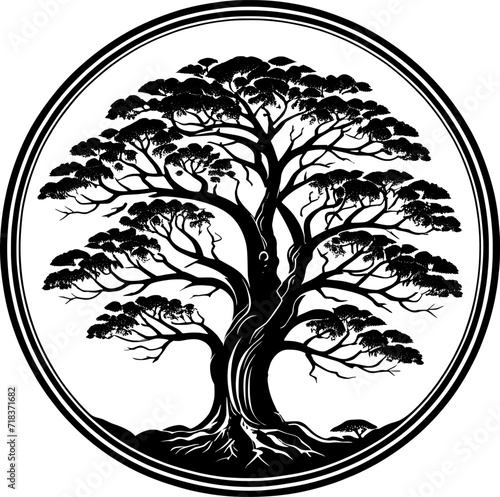 Circular silhouette of a majestic tree vector art style roots gripping tightly into the earth
