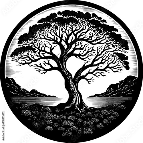 Circular silhouette of a majestic tree vector art style roots gripping tightly into the earth
