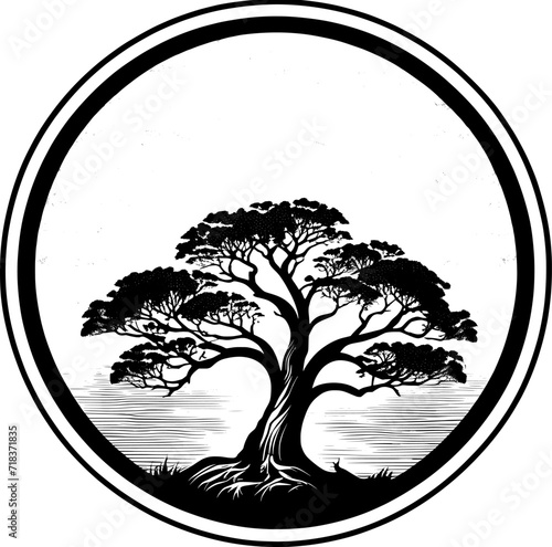 Circular silhouette of a majestic tree vector art style roots gripping tightly into the earth
