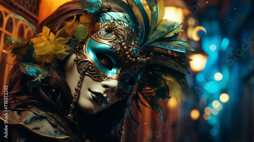 A close-up photo capturing the face of an woman wearing carnival mask at masquerade on the night street. © Serhii