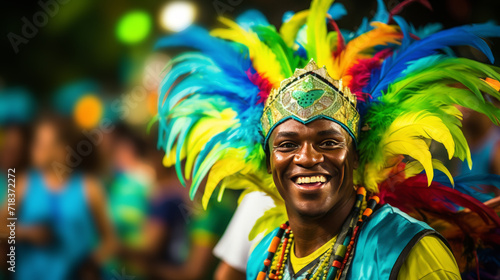 A man wearing a vibrant headdress smiles directly at the camera on the carnival  radiating joy and cultural beauty.