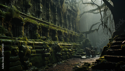 Spooky old ruin  dark forest  mysterious rock  ancient architecture generated by AI