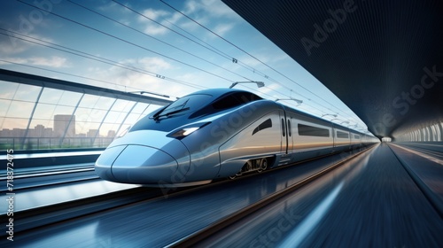  a high speed bullet train traveling through a tunnel under a blue sky with the sun shining on the side of the train. © Olga