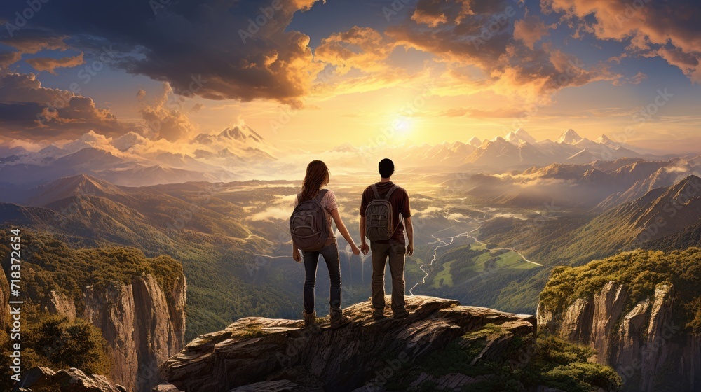  a man and a woman standing on top of a mountain looking out at a valley with mountains in the background.
