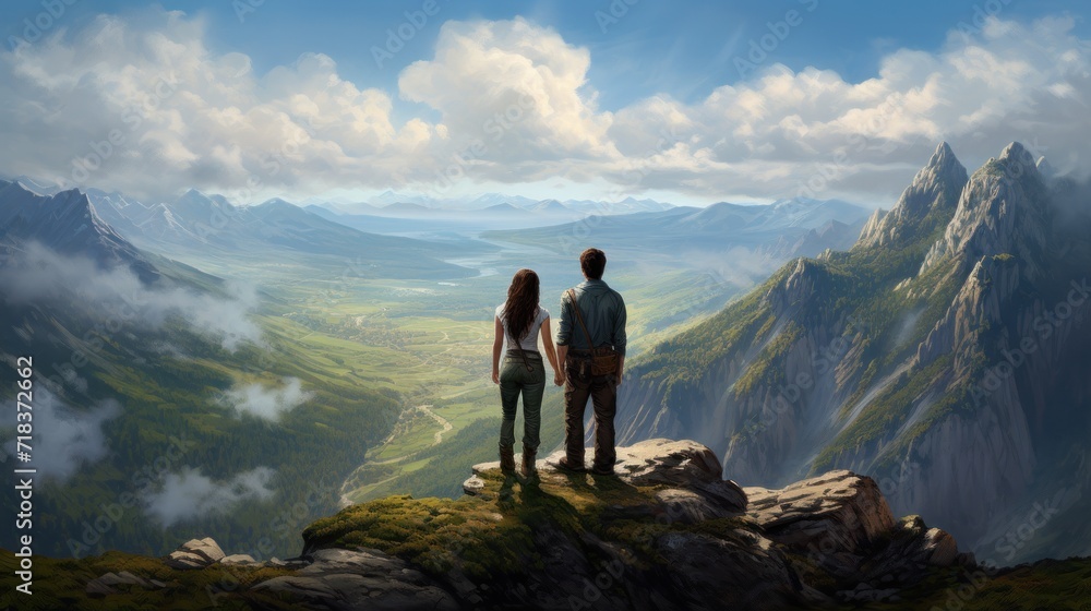 Fototapeta premium a man and a woman standing on top of a mountain looking out at a valley with mountains in the background.