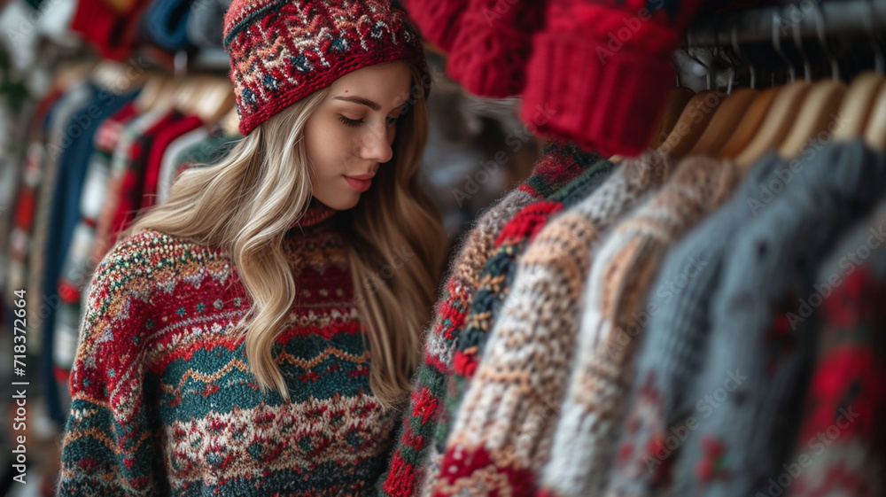 Cute attractive girl in warm cozy winter wool sweater