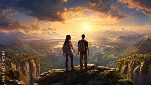  a man and a woman standing on top of a mountain looking out at a valley with mountains in the background. © Olga
