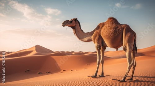 a camel standing in the middle of a desert with sand dunes in the background and a blue sky with wispy clouds. photo