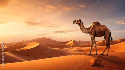  a camel standing in the middle of a desert with a sunset in the back ground and a mountain range in the background.