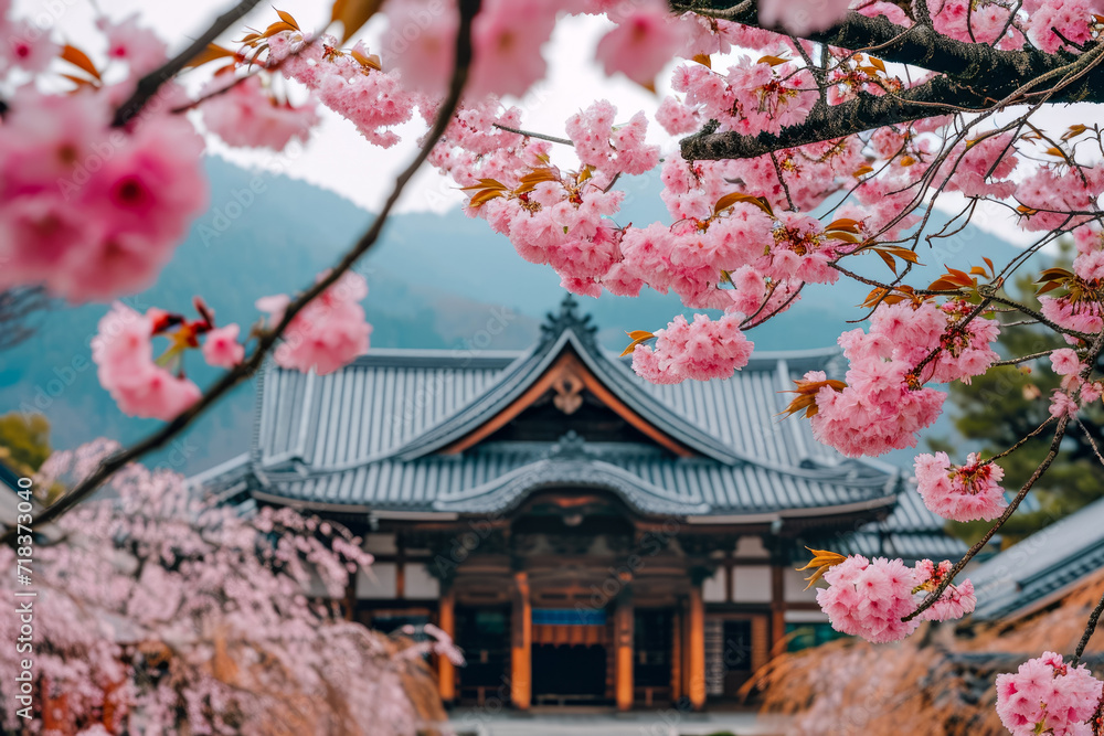 A Japanese temple with a cherry blossom tree in the foreground