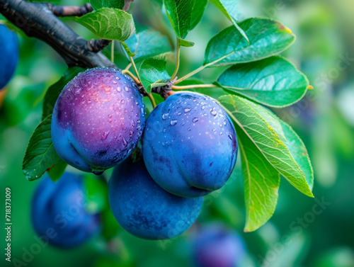 Ripe blue-violet plums on a branch in a plum garden. copy space