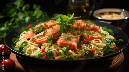 Spaghetti with smoked salmon and basil on a black plate, horizontal