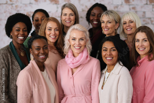 Multi-generational women smiling in pink tones for women's day