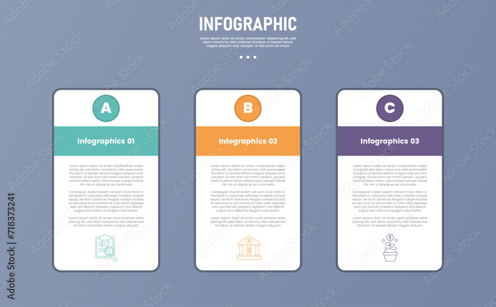 3 point stage or step infographic template with vertical table header with circle badge for slide presentation - obrazy, fototapety, plakaty 