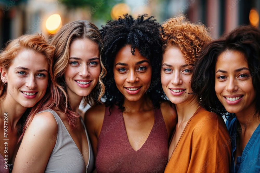 Fototapeta premium Multicultural women smiling on city street