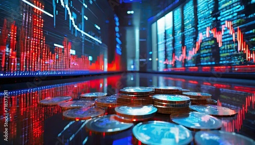 Coins and money in crashing economy with red stock indications of stock market in the background photo
