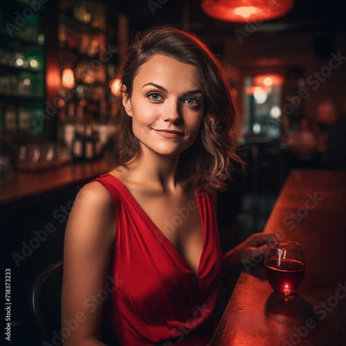Female in red dress holding a glass of wine