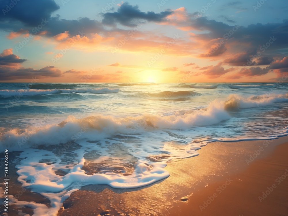 Beach Sunrise, Waves Hitting Shore, Coastal Dawn with Oceanic Rhythms and Vibrant Morning Colors