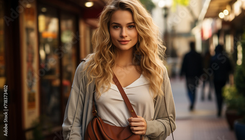 Young woman with blond hair smiling at camera generated by AI