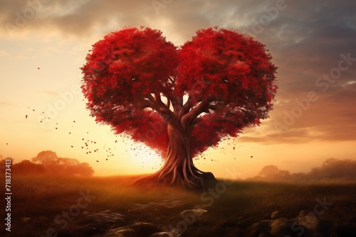 Love in Trees, Red Leaves Forming Heart Shape, Tree Images with Warm Tones for Romantic Atmosphere