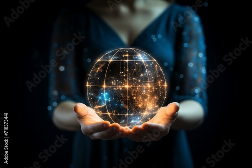 Global Connection in Hand, Woman Holds Virtual Internet, Metaverse, Business Tech, Digital Marketing Financial, Banking, Big Data