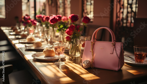 Elegant table, modern chair, wood vase, summer drink generated by AI