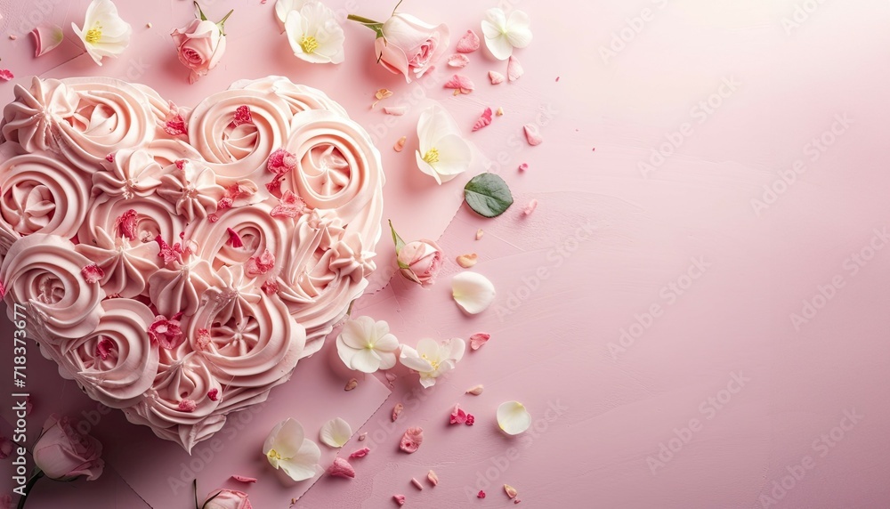 Valentine's Day flatlay pink background for text with white and pink cake and flowers. Product mockup scene creator.